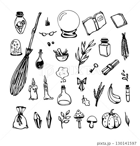 Magic hand drawn doodle icons, vector elements set 130141597
