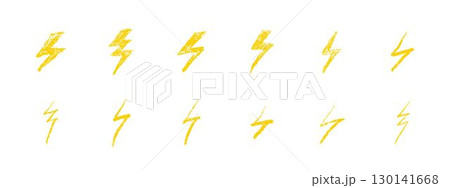 Set of lightning bolts doodle collection. Hand drawn chalk and wax pencil thunder icons, glowing flash signs, graffiti style weather symbols. Vector illustration isolated Set of lightning bolts doodle collection. Hand drawn chalk and wax pencil thunder icons, glowing flash signs, graffiti style weather symbols. Vector illustration isolated 130141668