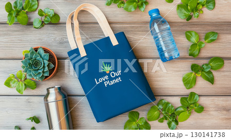 Eco-friendly flat lay with reusable bag, plants, and water bottle, background 130141738