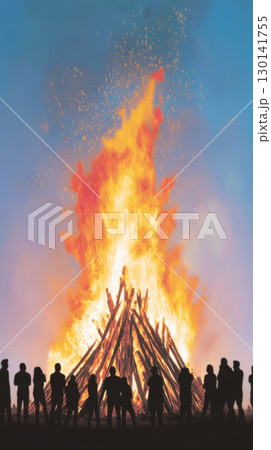 Holika Dahan celebration with bonfire and colorful smoke, background 130141755