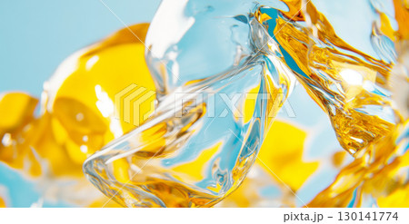 Close-up of blue water on yellow background with air bubbles 130141774