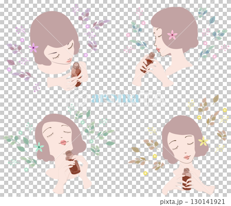 A woman holding a bottle of essential oil and smelling it, essential oil, aroma, fragrance_04 A woman holding a bottle of essential oil and smelling it, essential oil, aroma, fragrance_04 130141921