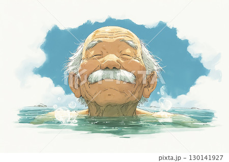 おじいさんが一人で静かに温泉につかる様子 130141927