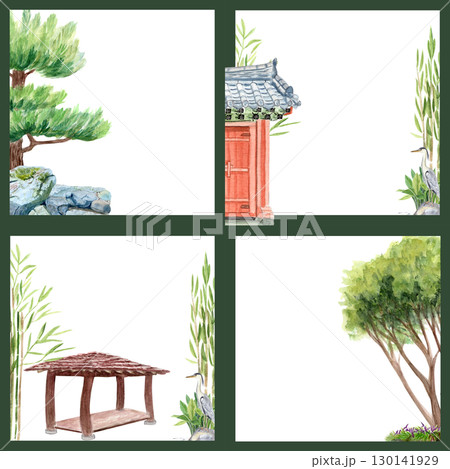 Asian garden frames set. Watercolor seamless pattern. Oriental landscapes with bamboo, trees, pavilion, stone gate, heron bird. Ideal for invitations, greeting cards, travel designs, cultural projects 130141929