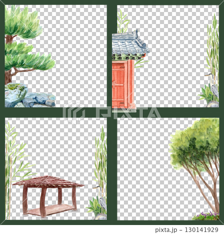 Asian garden frames set. Watercolor seamless pattern. Oriental landscapes with bamboo, trees, pavilion, stone gate, heron bird. Ideal for invitations, greeting cards, travel designs, cultural projects 130141929