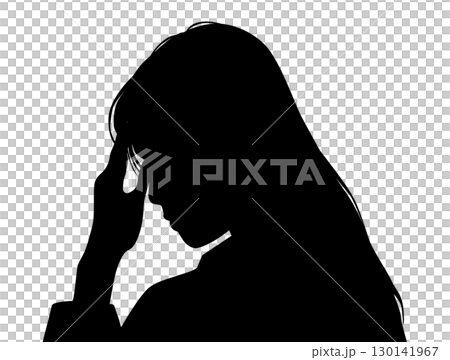 Left-facing profile silhouette of a worried woman with her hand on her forehead 130141967