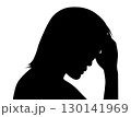 おでこに手を当てて悩む男性の右向き横顔シルエット 130141969