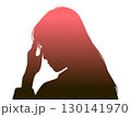 おでこに手を当てて悩む女性の左向き横顔シルエット_赤グラデーション 130141970
