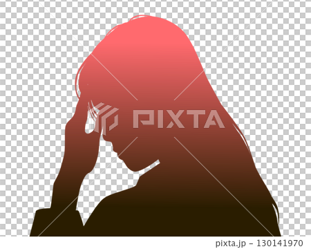 Left-facing profile silhouette of a worried woman with her hand on her forehead_red gradation 130141970