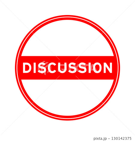Red color round seal sticker in word discussion on white background 130142375