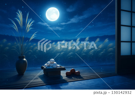 青い夜空に浮かぶ満月と縁側のお月見風景 130142932