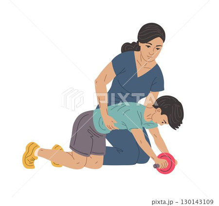 Female physiotherapist helping boy with ab roller exercise for core rehabilitation Female physiotherapist helping boy with ab roller exercise for core rehabilitation 130143109
