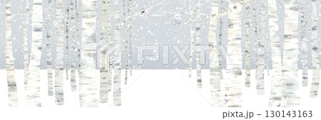 雪降るシラカバの森の風景。水彩イラスト。（ベクター。レイアウト変更可能） 130143163