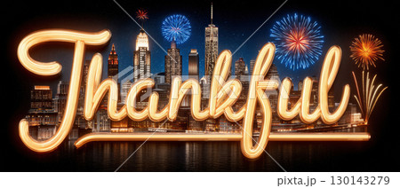 Vibrant city skyline with fireworks illuminates night sky, highlighting word Thankful in glowing script Vibrant city skyline with fireworks illuminates night sky, highlighting word Thankful in glowing script 130143279