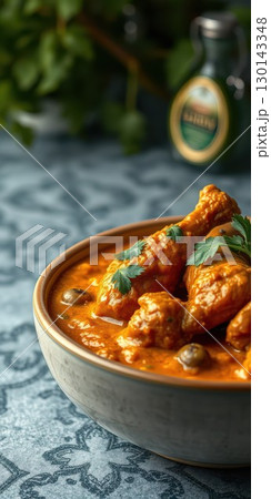 Delicious chicken curry served in a bowl with fresh herbs on a textured table 130143348