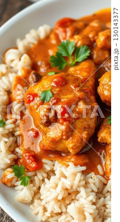 Delicious chicken in tomato sauce served over fluffy rice garnished with fresh herbs 130143377