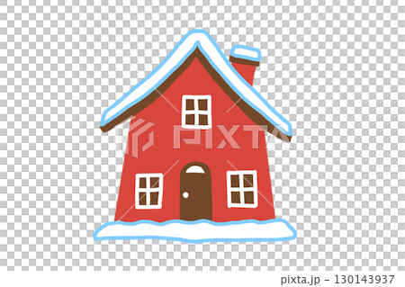Hand-drawn illustration of a red house covered in snow 130143937