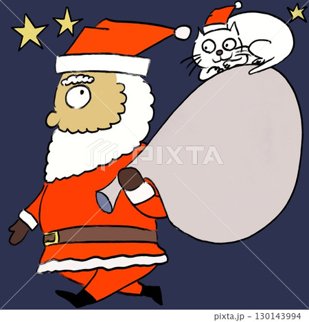 夜空を背景にしたサンタクロースと白猫のクリスマスイラスト 夜空を背景にしたサンタクロースと白猫のクリスマスイラスト 130143994