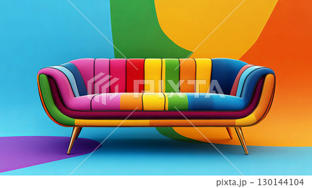 A vibrant, multicolored sofa stands out against bold backgrounds 130144104