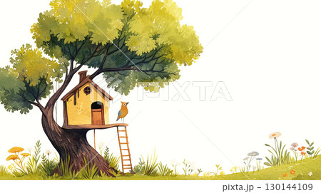 Colorful treehouse illustration with a friendly owl perched on the edge, surrounded by vibrant flowers and lush greenery, creating a whimsical outdoor scene with copy space Colorful treehouse illustration with a friendly owl perched on the edge, surrounded by vibrant flowers and lush greenery, creating a whimsical outdoor scene with copy space 130144109