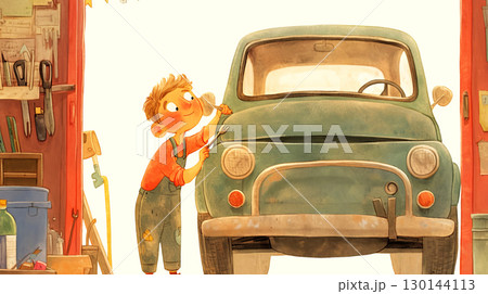Young boy in a workshop, joyfully polishing a vintage green car, surrounded by tools and equipment, showcasing a passion for automotive craftsmanship and childhood creativity 130144113