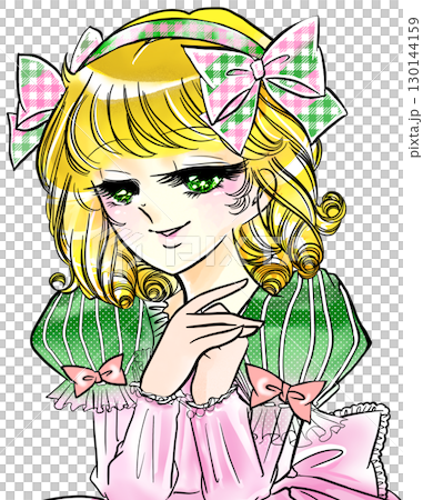 お願いのポーズ可愛いリボンをつけた昭和少女漫画風金髪お姫様 130144159