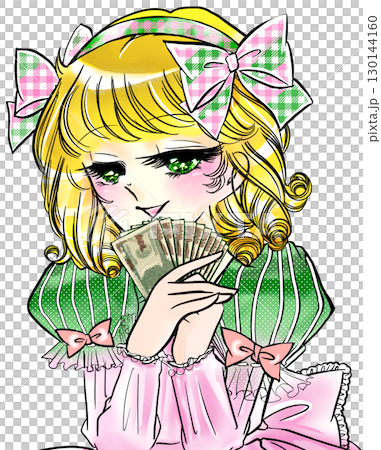 札束を手に喜ぶ昭和レトロ風少女漫画の金髪お嬢様 130144160