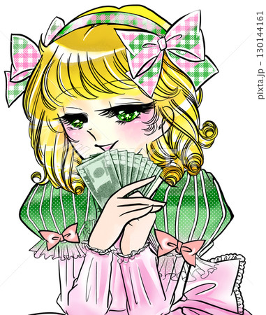 札束を手に喜ぶ昭和レトロ風少女漫画の金髪お嬢様 130144161