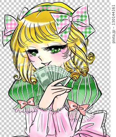 札束を手に喜ぶ昭和レトロ風少女漫画の金髪お嬢様 130144161