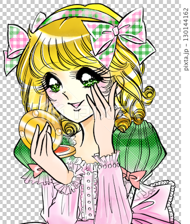昭和復古風格少女漫畫中的金髮公主正在照鏡子檢查自己的皮膚 130144162
