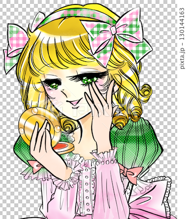Blonde princess from a Showa retro style girls' manga checking her skin in the mirror Blonde princess from a Showa retro style girls' manga checking her skin in the mirror 130144163