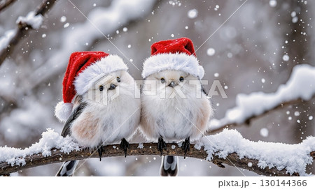 シマエナガ サンタ  サンタ帽をかぶったシマエナガたちのクリスマスイメージ 130144366