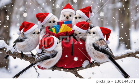 シマエナガ サンタ  サンタ帽をかぶったシマエナガたちのクリスマスイメージ 130144371