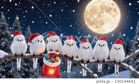 シマエナガサンタ  パノラマで並ぶサンタ帽のシマエナガたちの冬景色 130144641