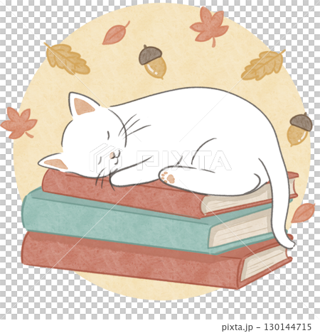 読書の秋 本と白猫 紅葉とどんぐり 130144715