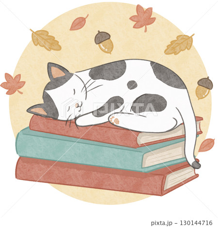 読書の秋 本とハチワレ猫 紅葉とどんぐり 130144716