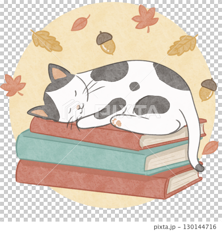 読書の秋 本とハチワレ猫 紅葉とどんぐり 130144716
