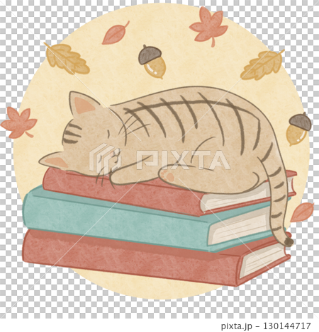 読書の秋 本と茶トラ猫 紅葉とどんぐり 130144717