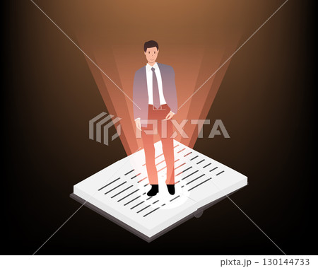 Businessman in a suit standing on the book with the light as a symbol of finding a successful solution or have a successful life 130144733
