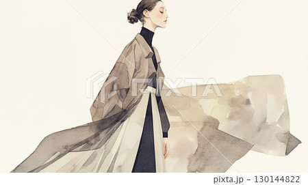 Elegant woman in flowing coat and skirt, gracefully walking against a soft, neutral background, showcasing contemporary fashion and artistic expression in a watercolor illustration 130144822