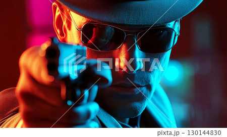 Male figure in sunglasses and hat, holding a handgun, with dramatic lighting and vibrant colors, creating a tense atmosphere of suspense and intrigue in a cinematic setting 130144830