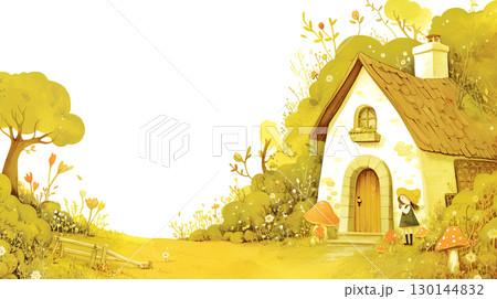 Whimsical illustration of a charming cottage surrounded by vibrant yellow flowers and mushrooms, with a girl standing near the door, creating a magical and inviting atmosphere with copy space 130144832