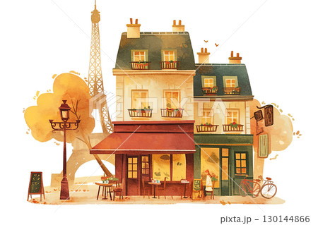 Charming Parisian streets come alive in this whimsical illustration featuring a quaint cafe 130144866