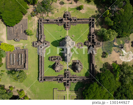 Drone shot the aerial view of Phimai Historical Park. the ancient stone temple Nakhon Ratchasima, Thailand Drone shot the aerial view of Phimai Historical Park. the ancient stone temple Nakhon Ratchasima, Thailand 130144927