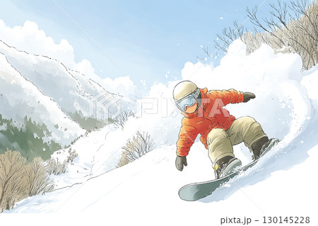 中級者スノーボーダーが斜面をカーブしながら滑るシーン 中級者スノーボーダーが斜面をカーブしながら滑るシーン 130145228