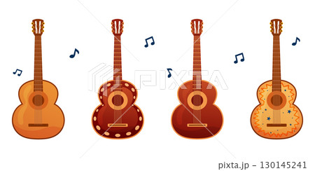 Set of acoustic guitars with decorative details and music notes 130145241