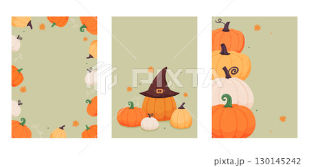 Set of greeting cards with pumpkins, fall leaves and witch hat for Halloween designs 130145242