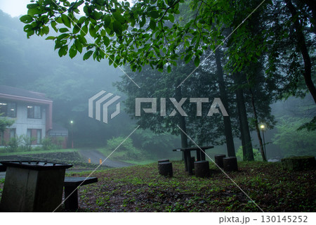 霧に包まれる森のベンチ　 130145252