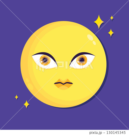Cartoon moon character on night sky. Celestial moon icon in flat style. Vector illustration 130145345