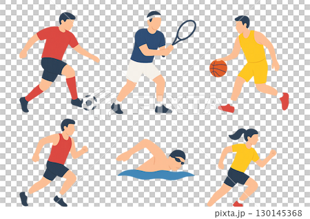 Set of 6 sports illustrations (soccer, tennis, basketball, running (men and women), swimming) Set of 6 sports illustrations (soccer, tennis, basketball, running (men and women), swimming) 130145368